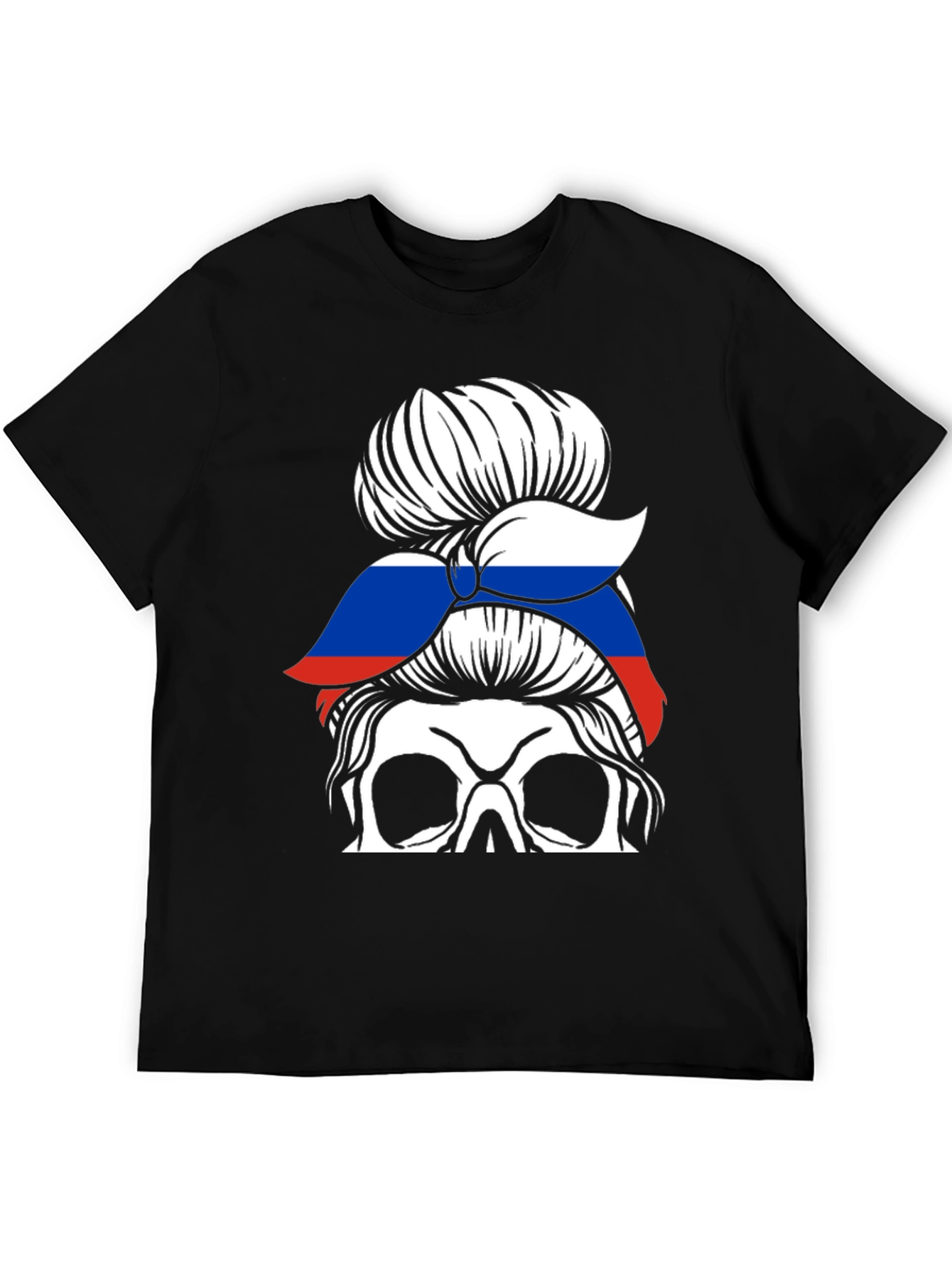Skull Messy Bun Russia Flag T-Shirt