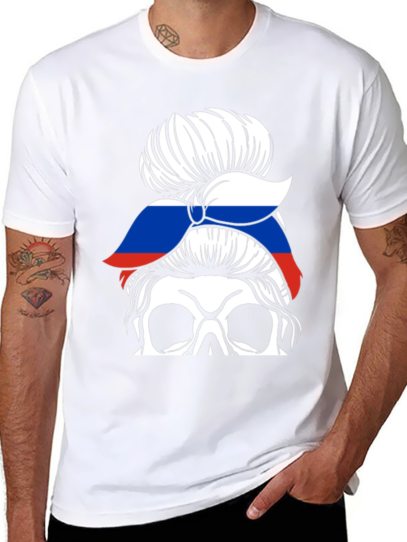 Skull Messy Bun Russia Flag T-Shirt