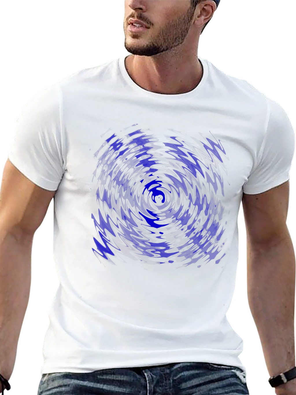Abstract Blue Vortex Graphic Black T-Shirt