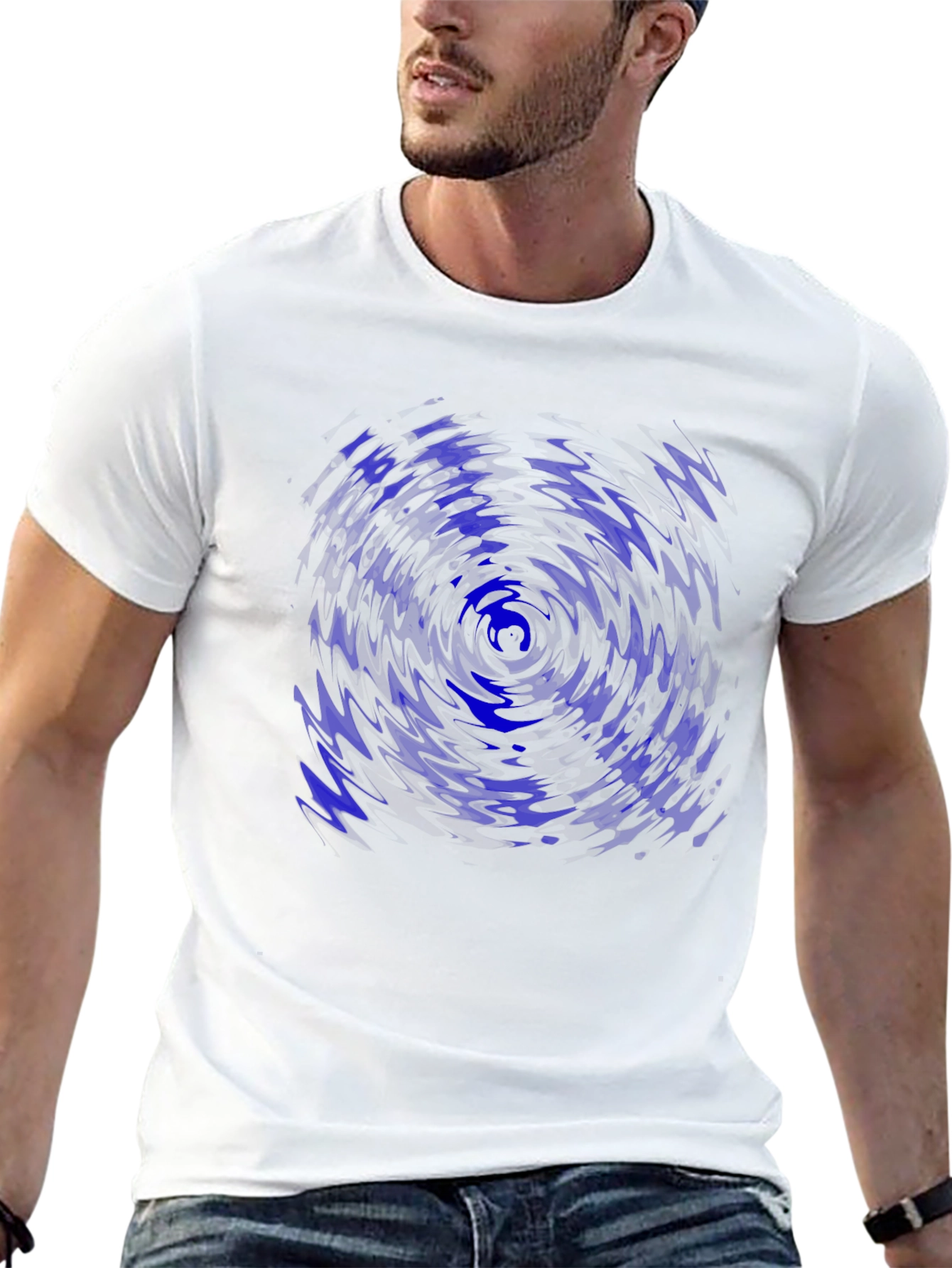 Abstract Blue Vortex Graphic Black T-Shirt