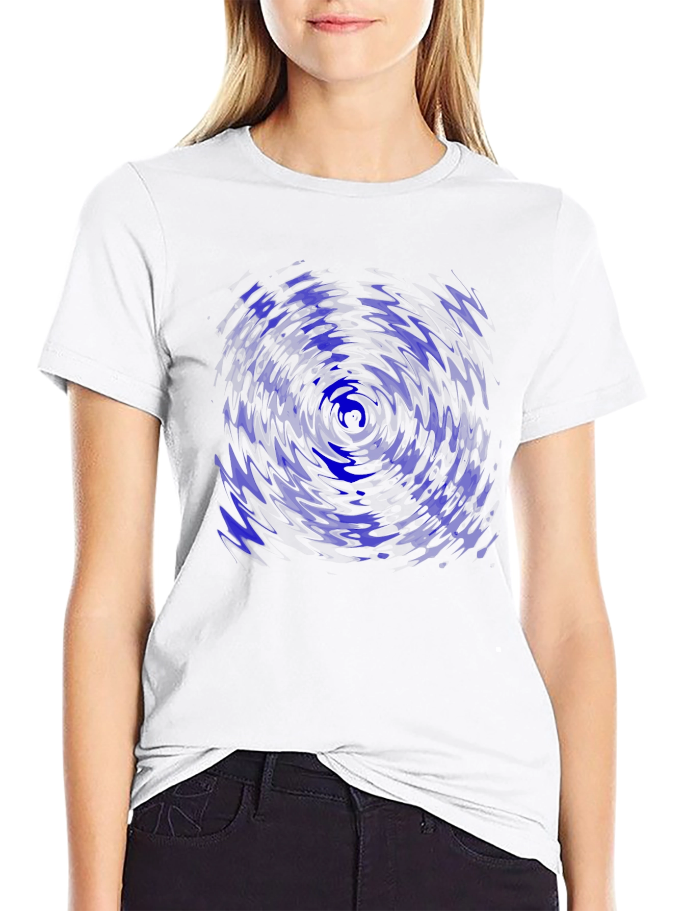 Abstract Blue Vortex Graphic Black T-Shirt