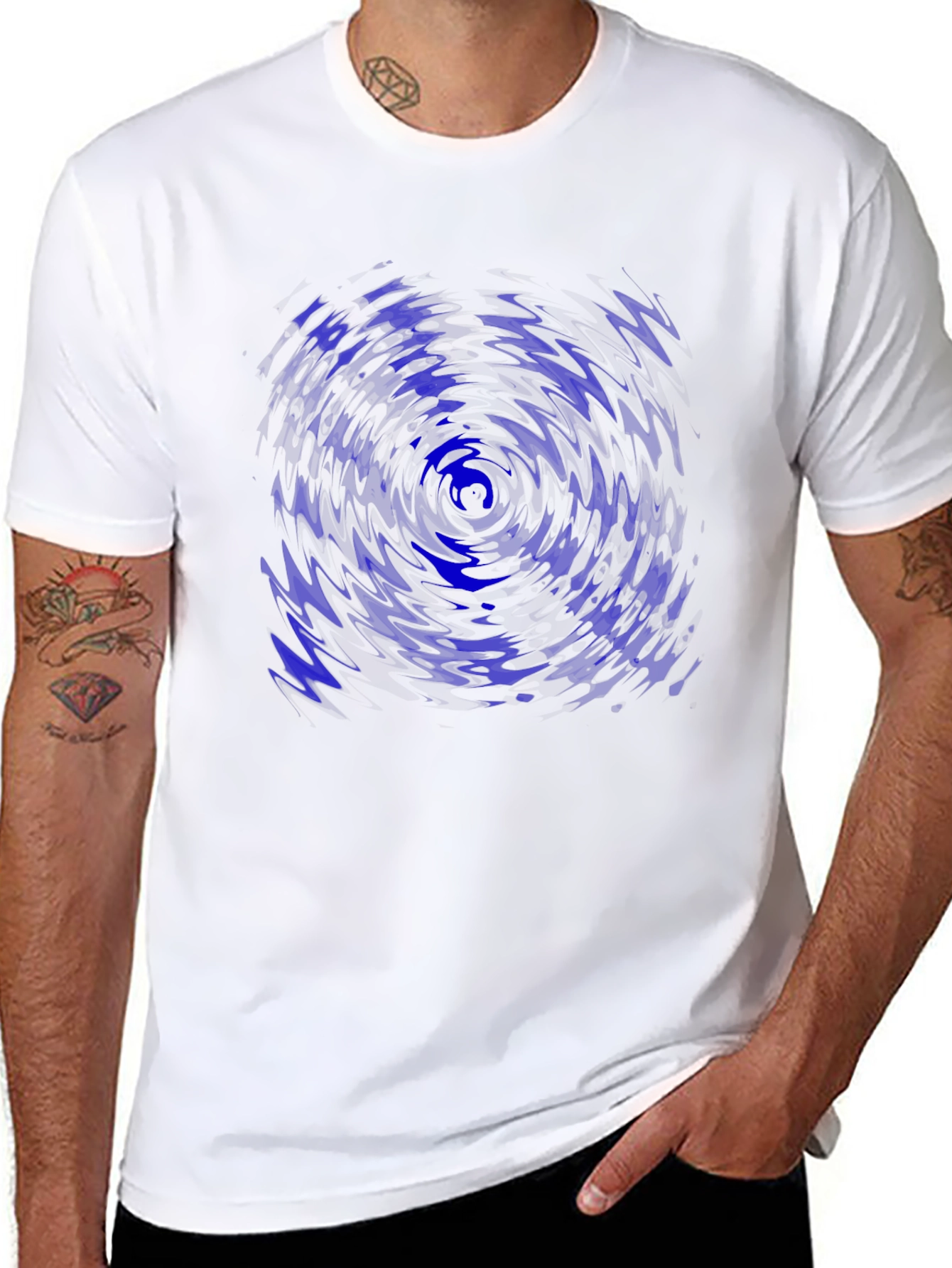 Abstract Blue Vortex Graphic Black T-Shirt