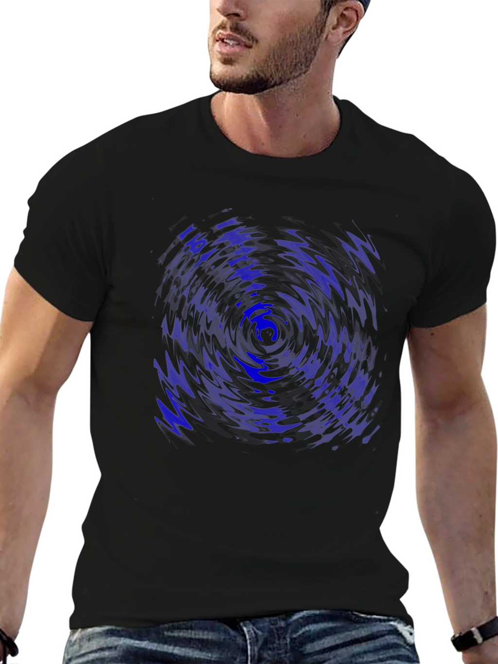 Abstract Blue Vortex Graphic Black T-Shirt