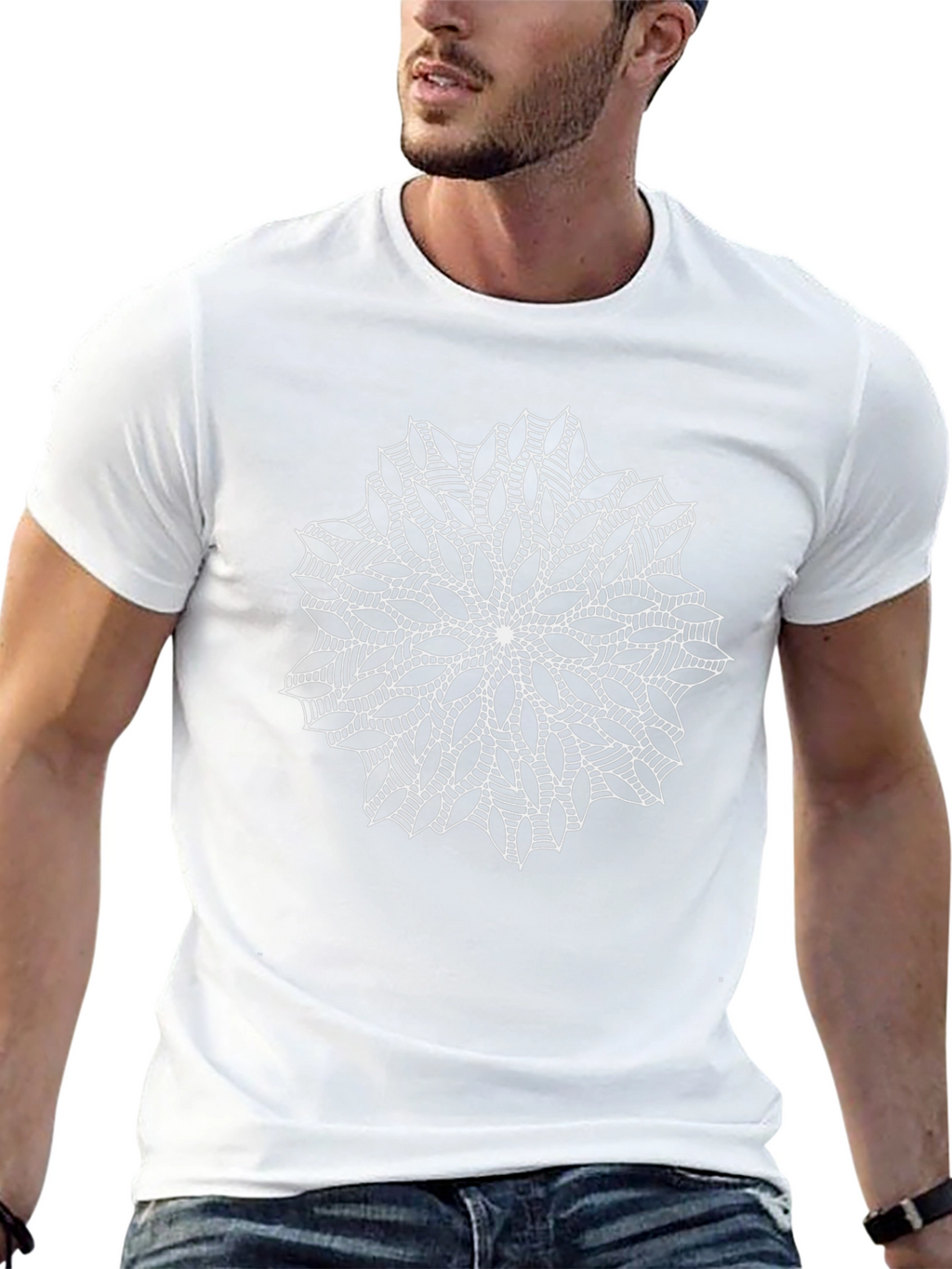 Black T-Shirt with White Mandala Design