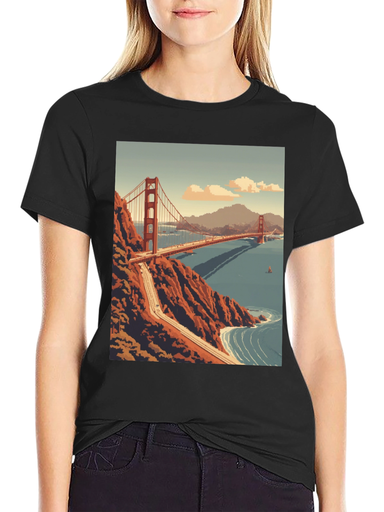 Golden Gate Bridge Pixel Art Black T-Shirt