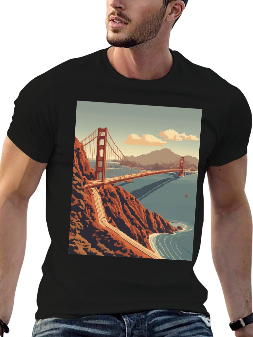 Golden Gate Bridge Pixel Art Black T-Shirt
