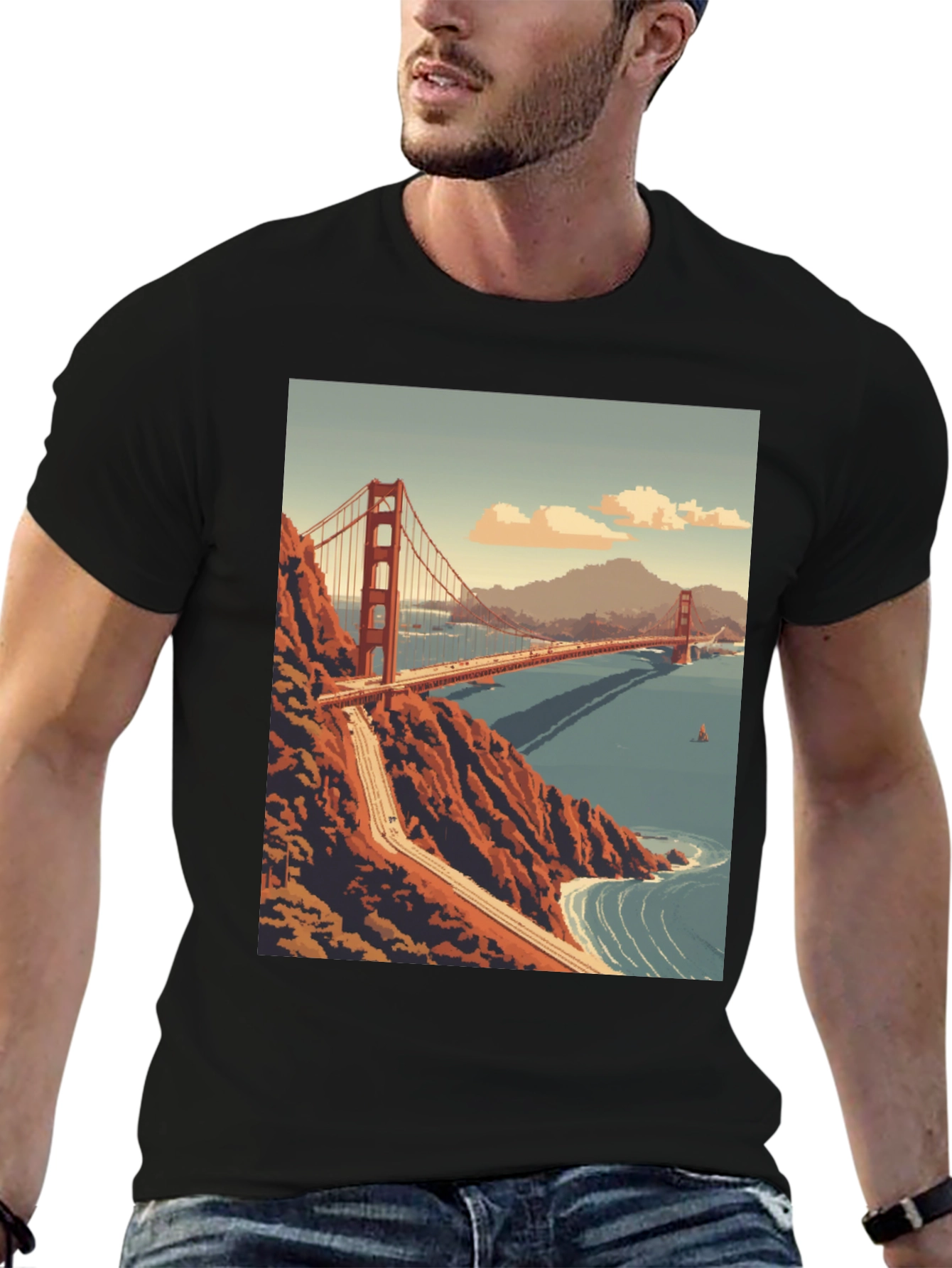 Golden Gate Bridge Pixel Art Black T-Shirt