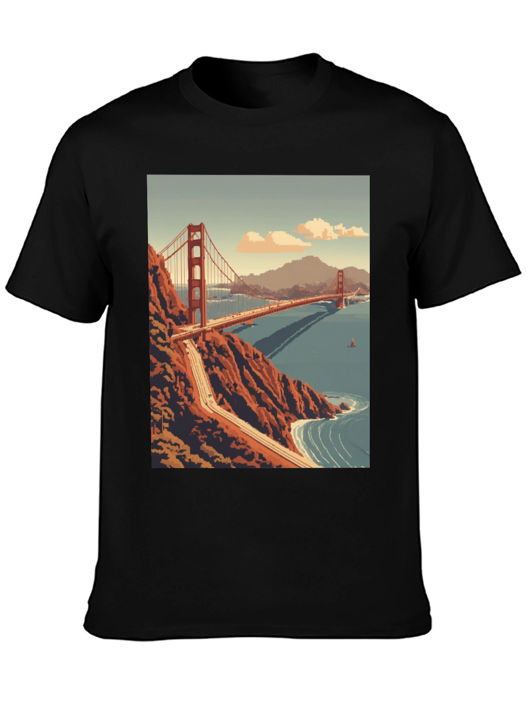 Golden Gate Bridge Pixel Art Black T-Shirt