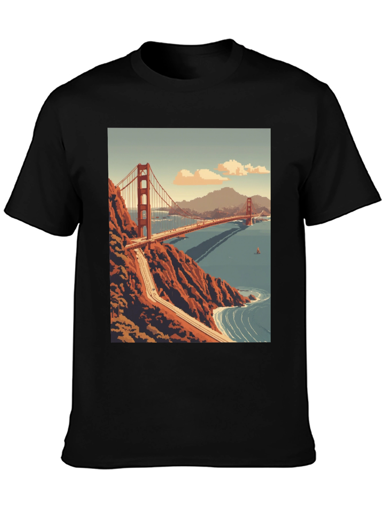 Golden Gate Bridge Pixel Art Black T-Shirt