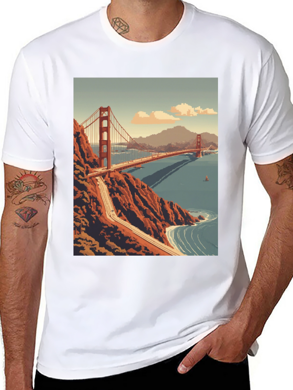 Golden Gate Bridge Pixel Art Black T-Shirt