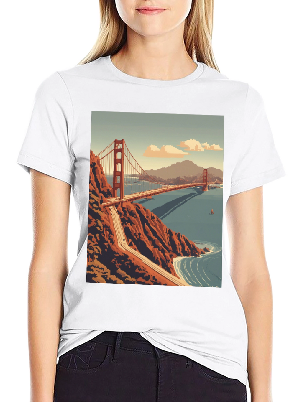 Golden Gate Bridge Pixel Art Black T-Shirt