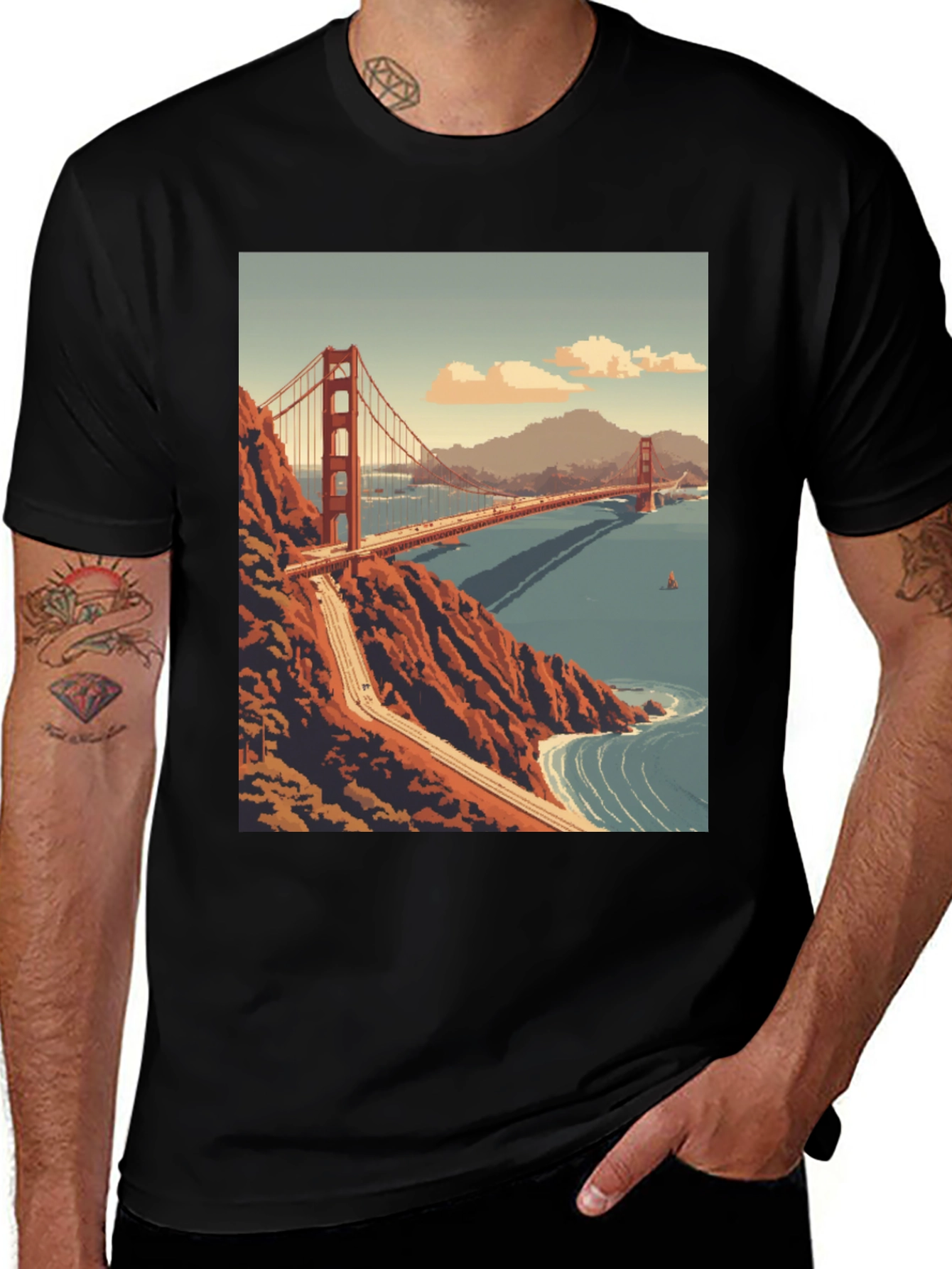 Golden Gate Bridge Pixel Art Black T-Shirt