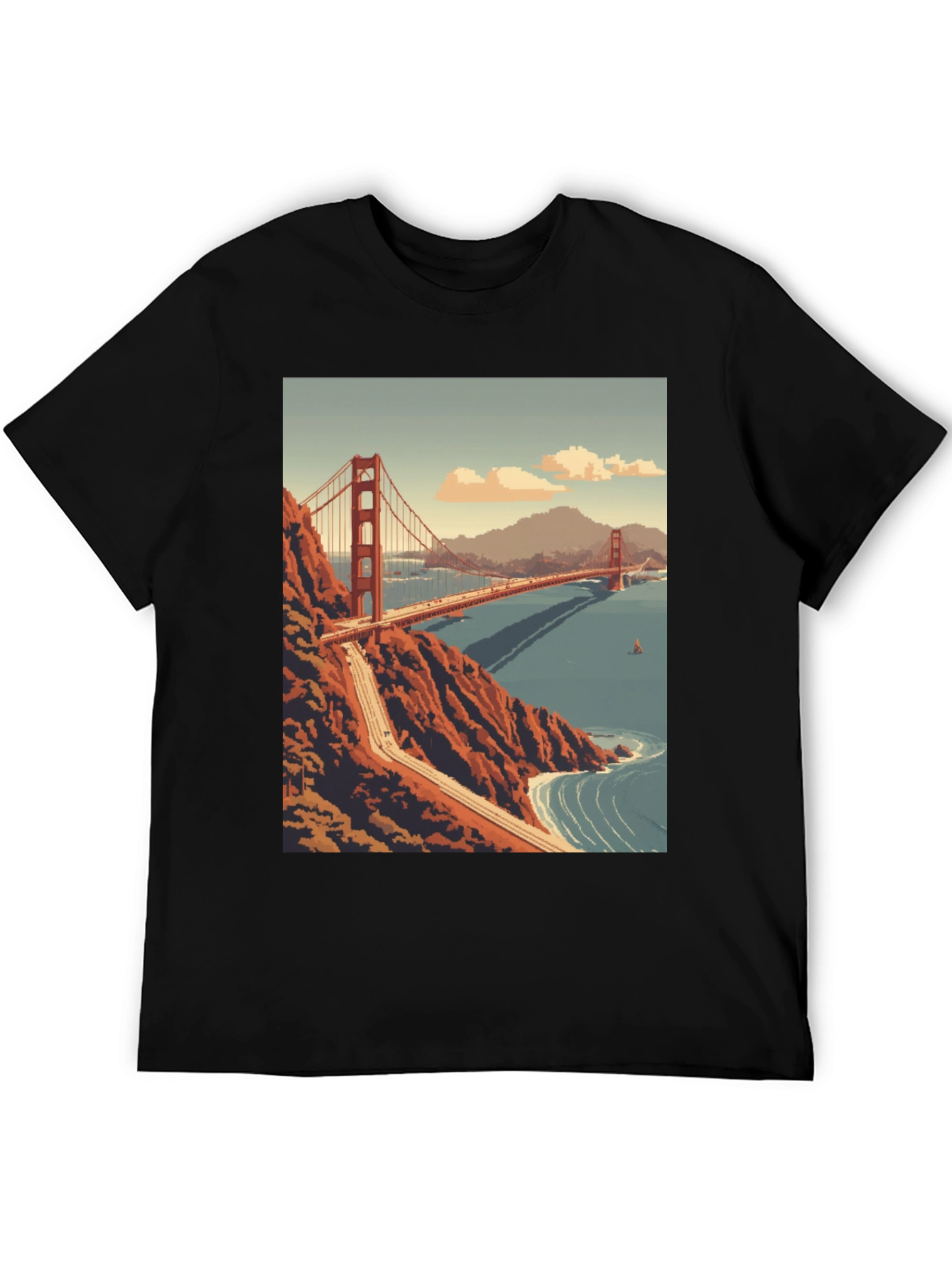 Golden Gate Bridge Pixel Art Black T-Shirt
