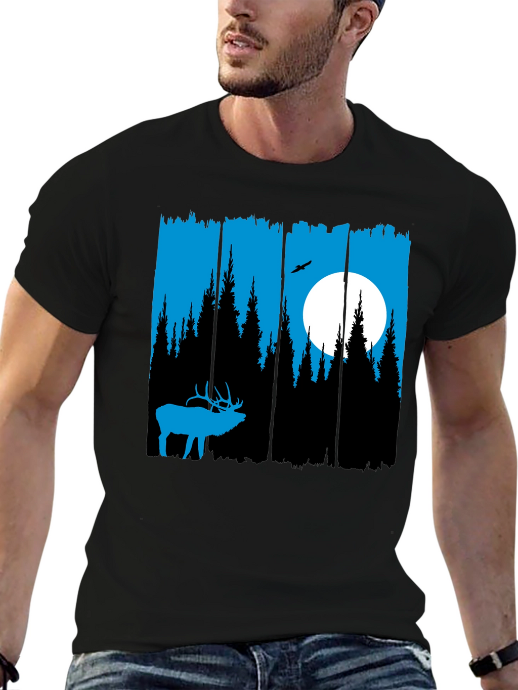 Elk Forest Graphic T-Shirt - Blue Silhouette Design