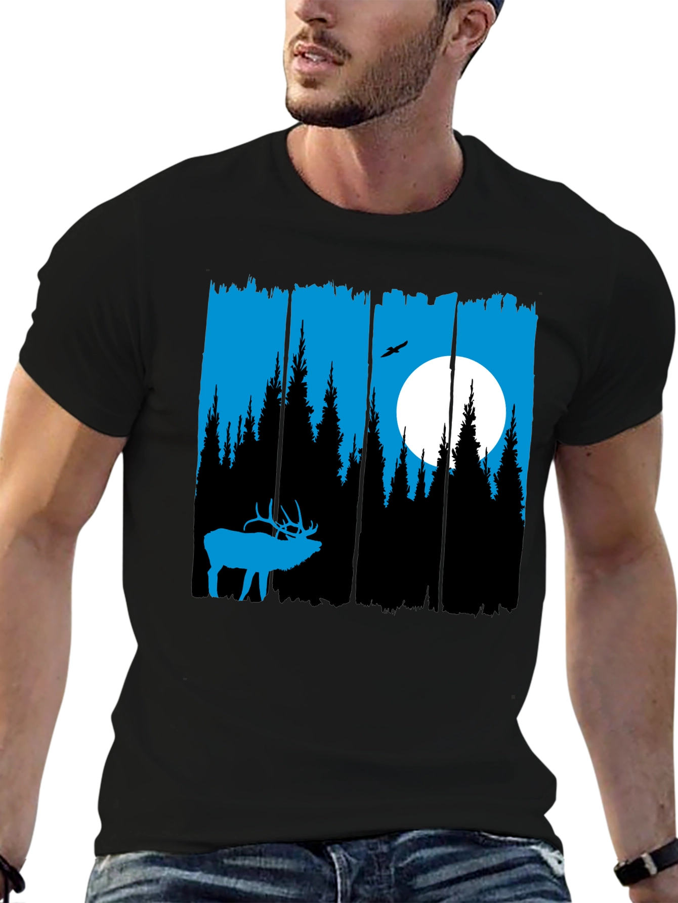 Elk Forest Graphic T-Shirt - Blue Silhouette Design