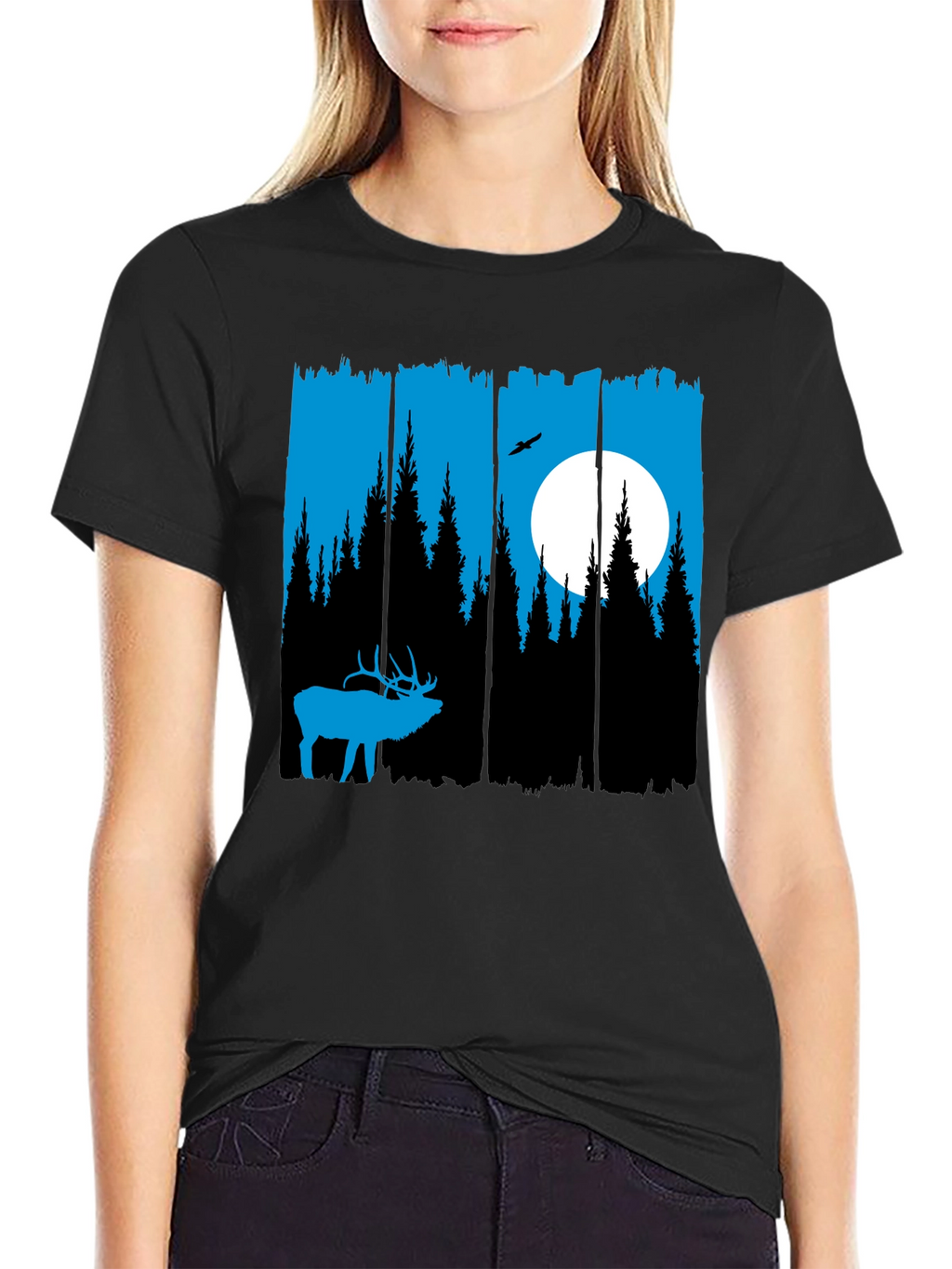 Elk Forest Graphic T-Shirt - Blue Silhouette Design