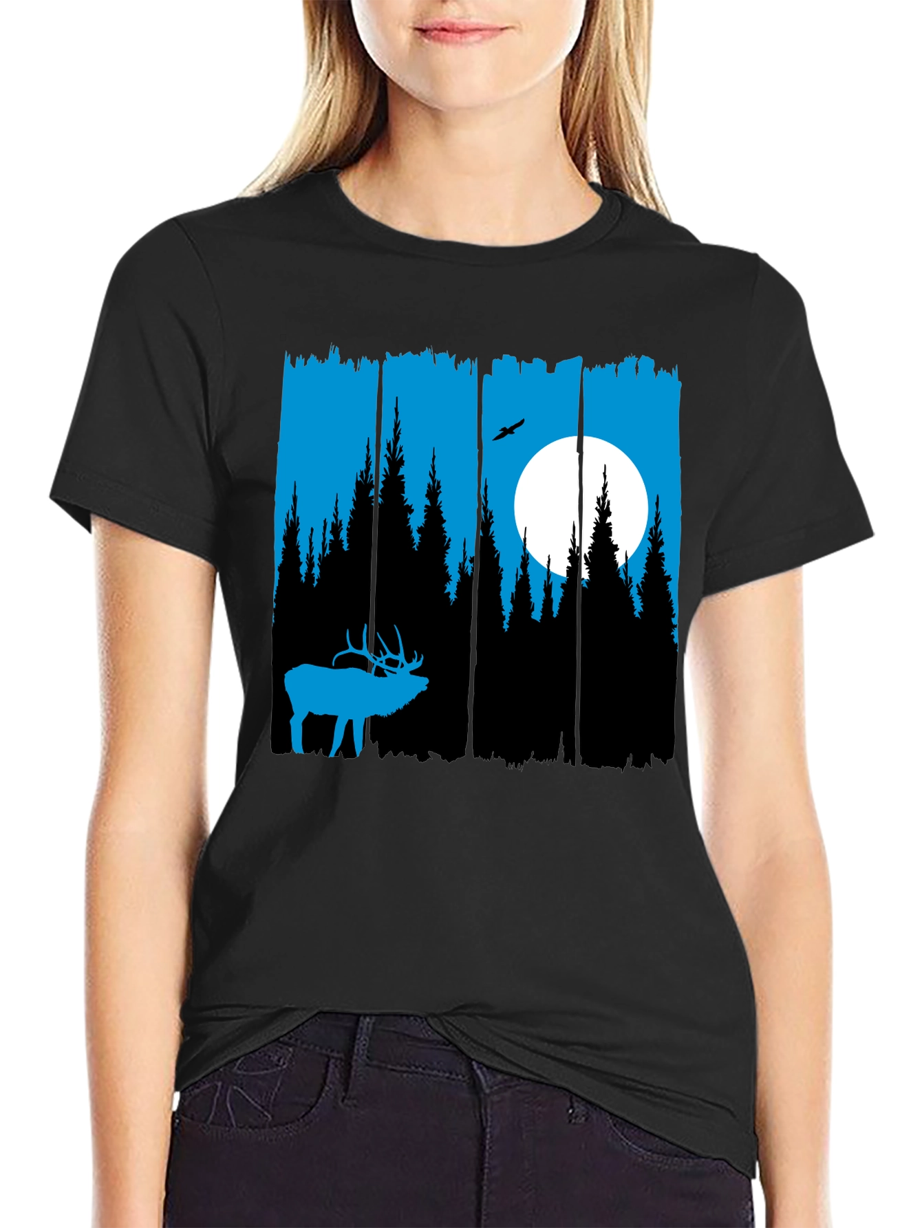 Elk Forest Graphic T-Shirt - Blue Silhouette Design