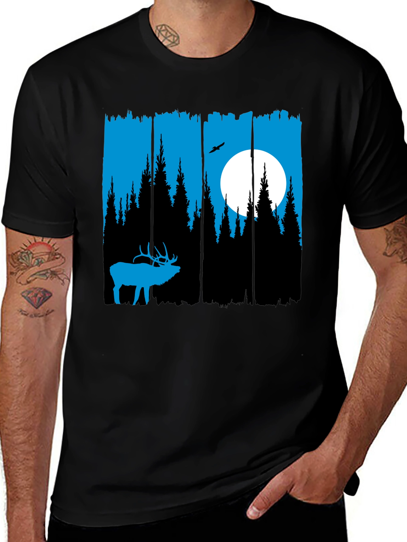 Elk Forest Graphic T-Shirt - Blue Silhouette Design