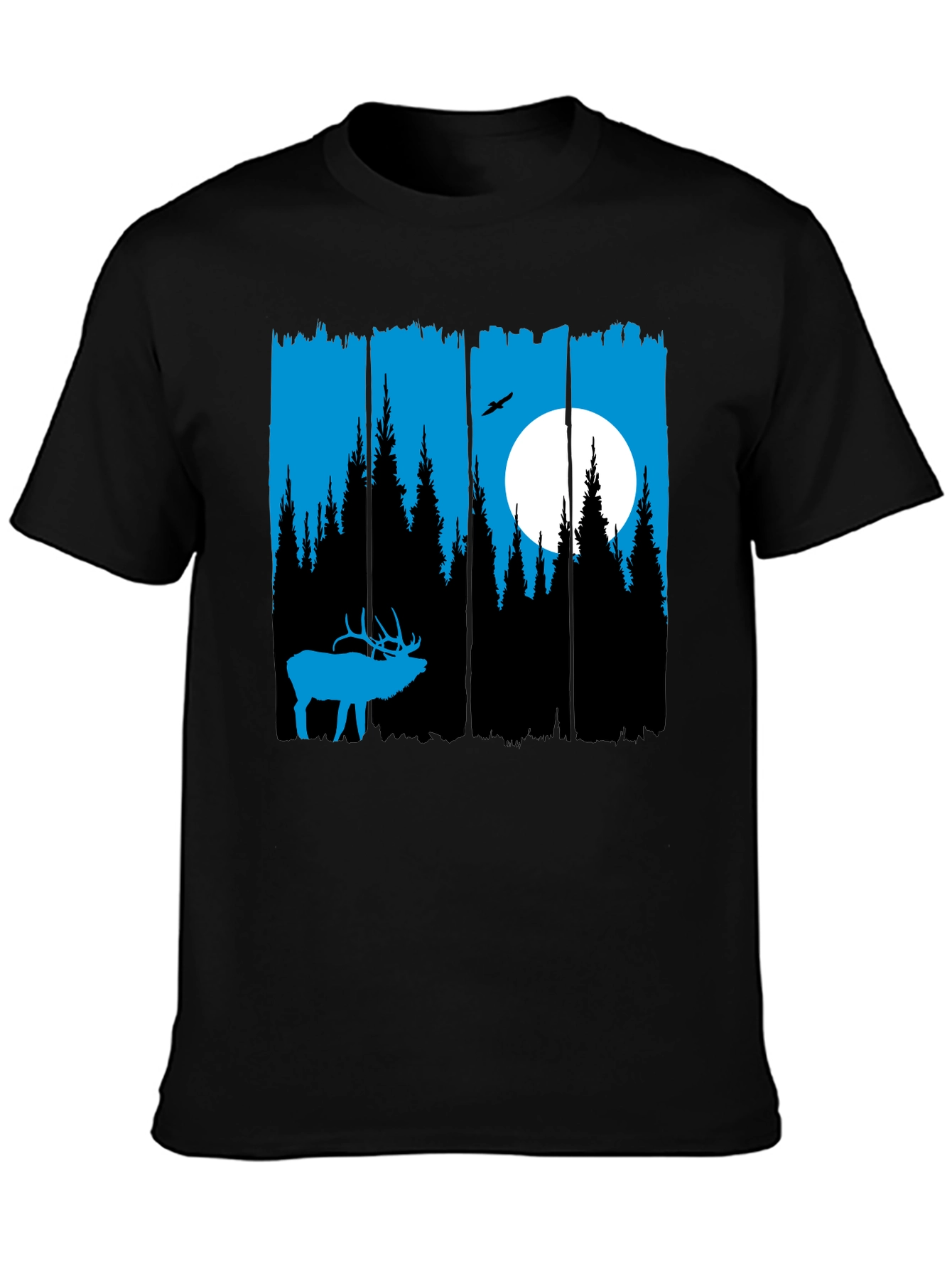 Elk Forest Graphic T-Shirt - Blue Silhouette Design