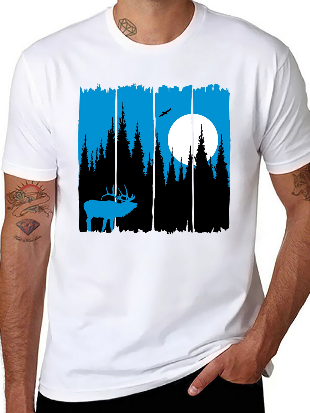 Elk Forest Graphic T-Shirt - Blue Silhouette Design