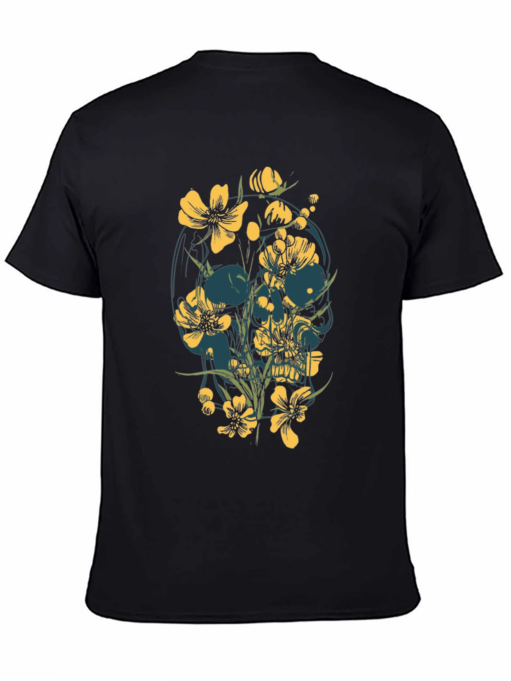 Floral Skull Graphic Tee - Black Cotton T-Shirt