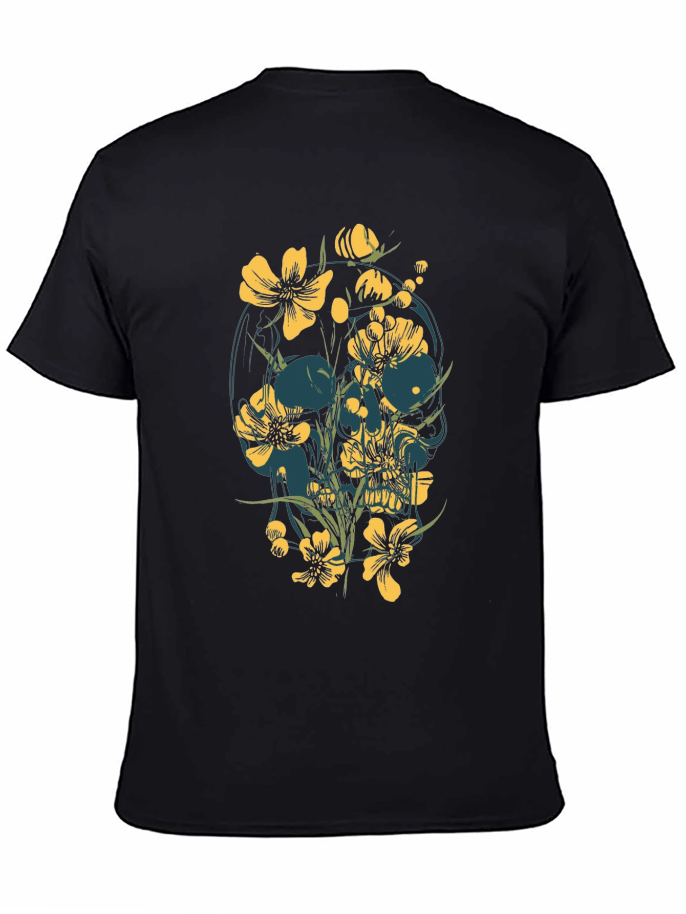 Floral Skull Graphic Tee - Black Cotton T-Shirt