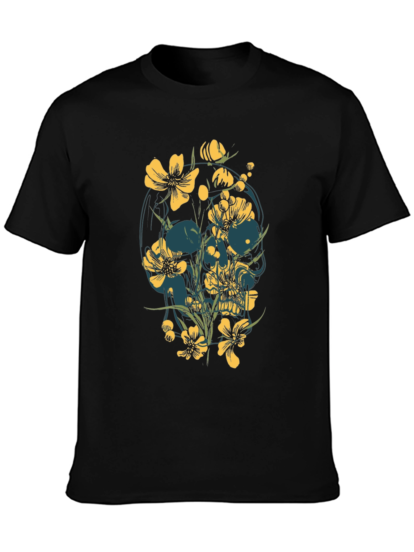 Floral Skull Graphic Tee - Black Cotton T-Shirt