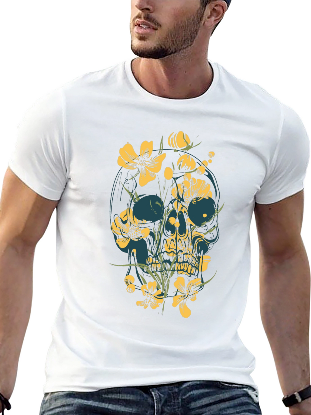 Floral Skull Graphic Tee - Black Cotton T-Shirt
