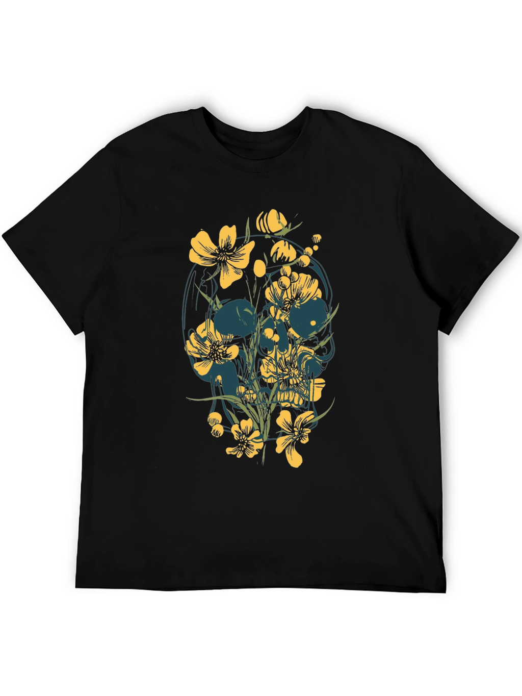 Floral Skull Graphic Tee - Black Cotton T-Shirt