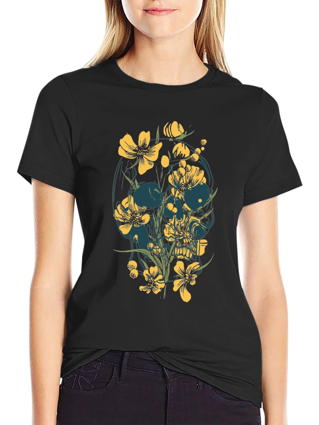 Floral Skull Graphic Tee - Black Cotton T-Shirt