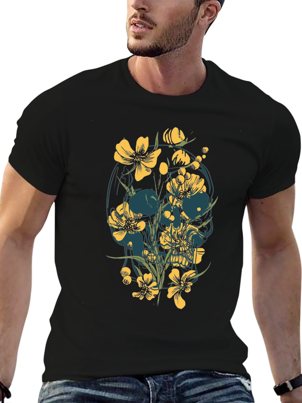 Floral Skull Graphic Tee - Black Cotton T-Shirt