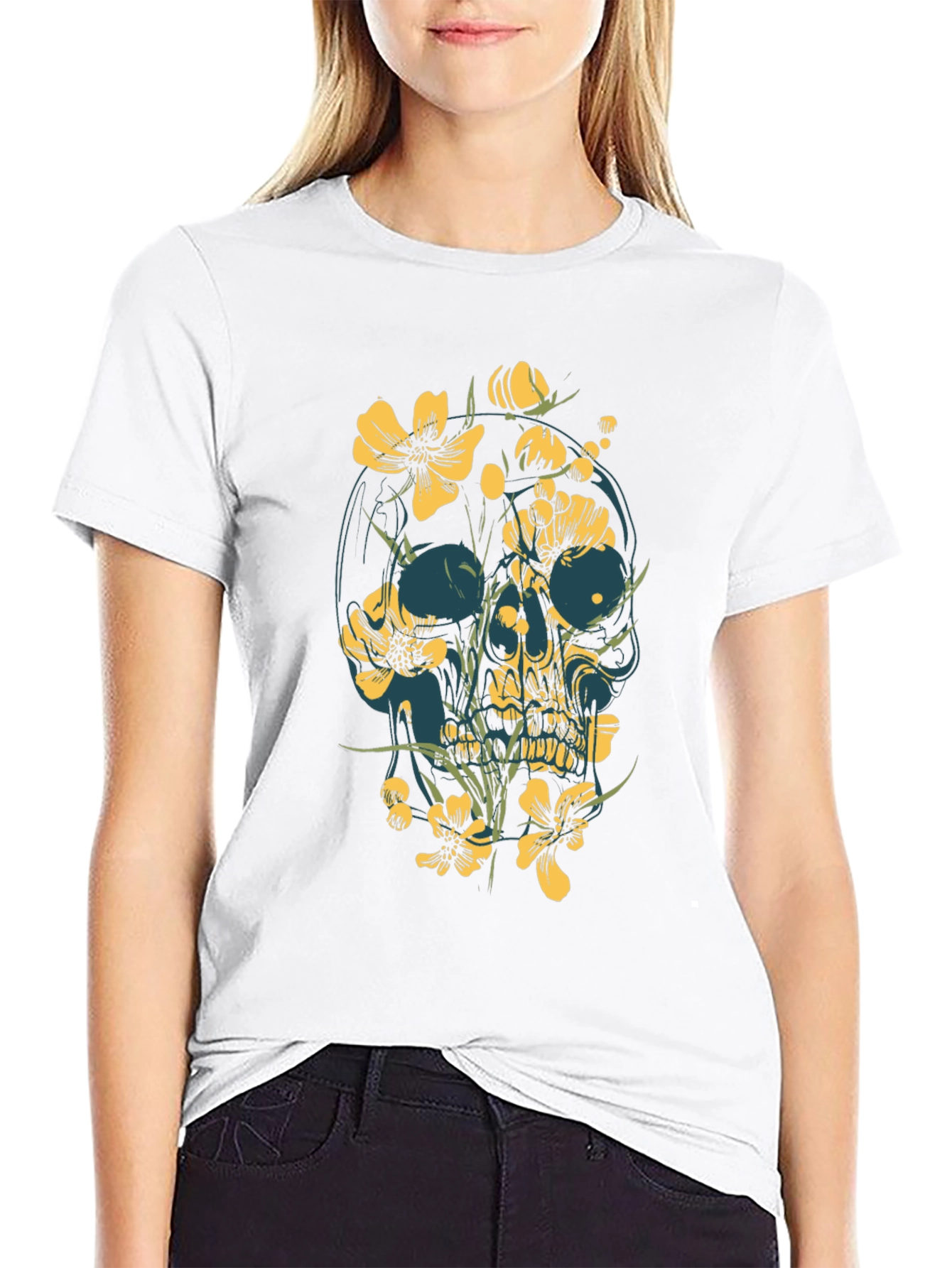Floral Skull Graphic Tee - Black Cotton T-Shirt