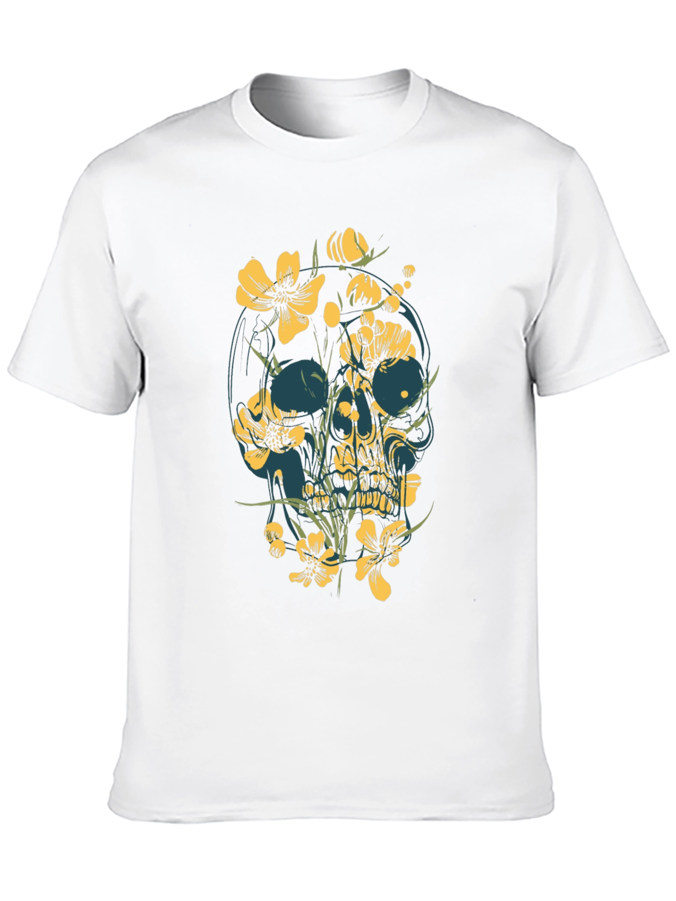Floral Skull Graphic Tee - Black Cotton T-Shirt