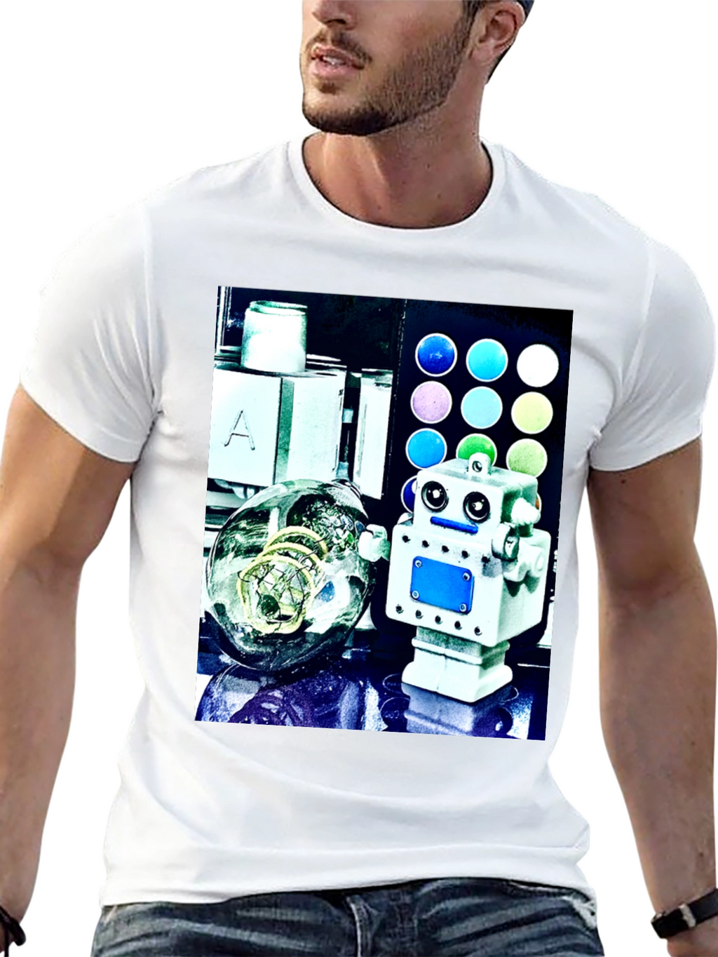 Robot & Bulb Print Black T-Shirt