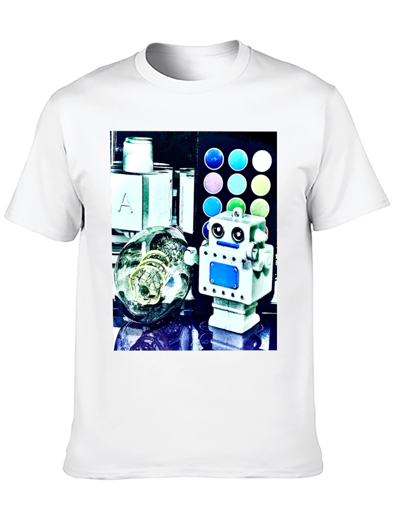 Robot & Bulb Print Black T-Shirt