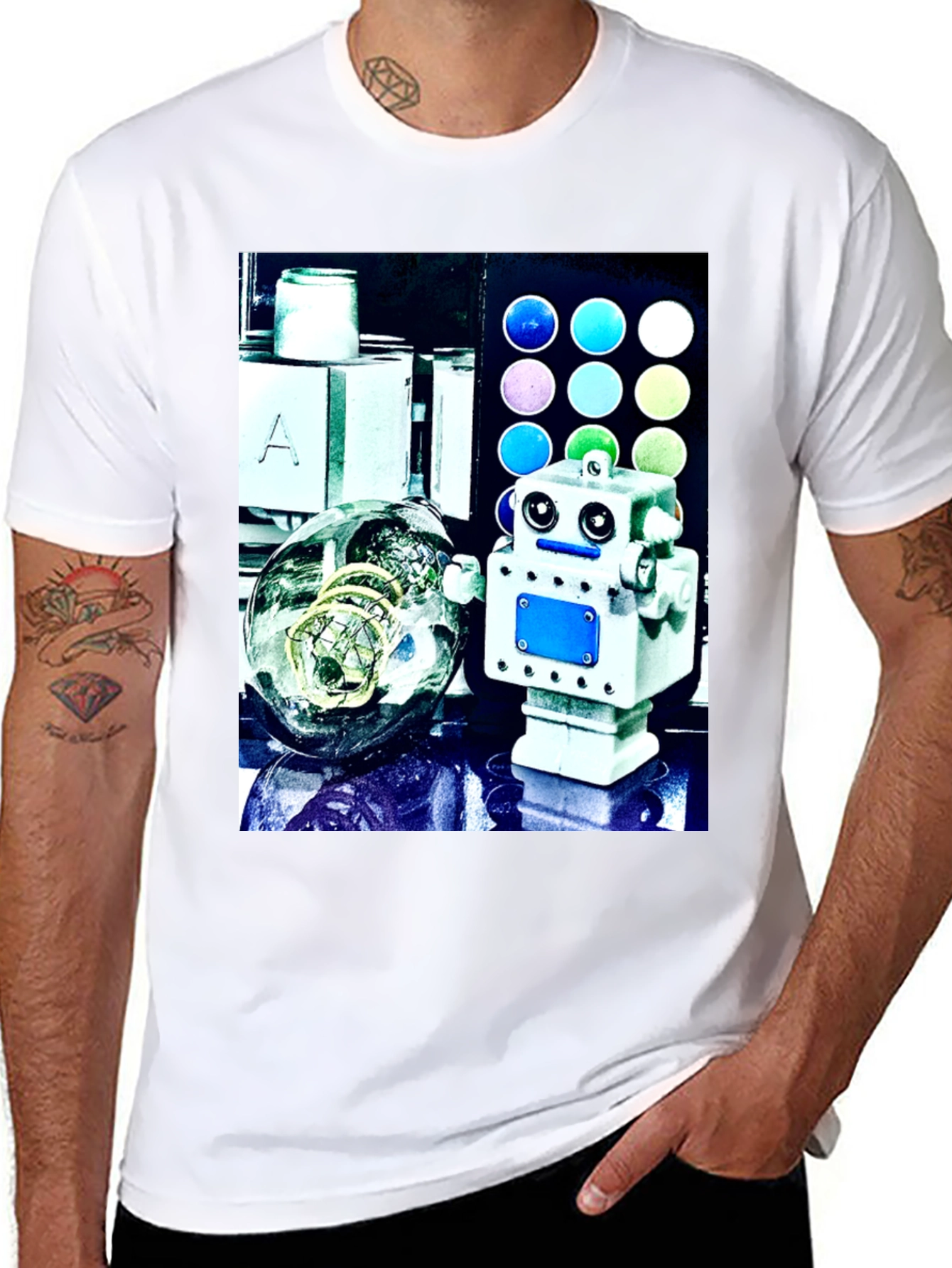 Robot & Bulb Print Black T-Shirt