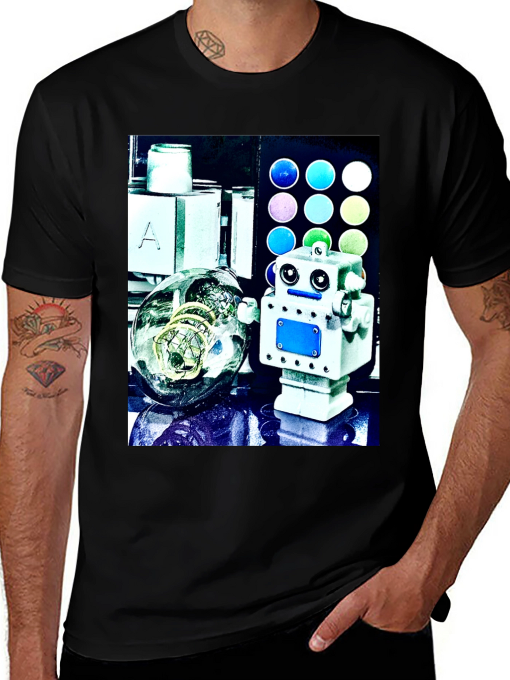 Robot & Bulb Print Black T-Shirt