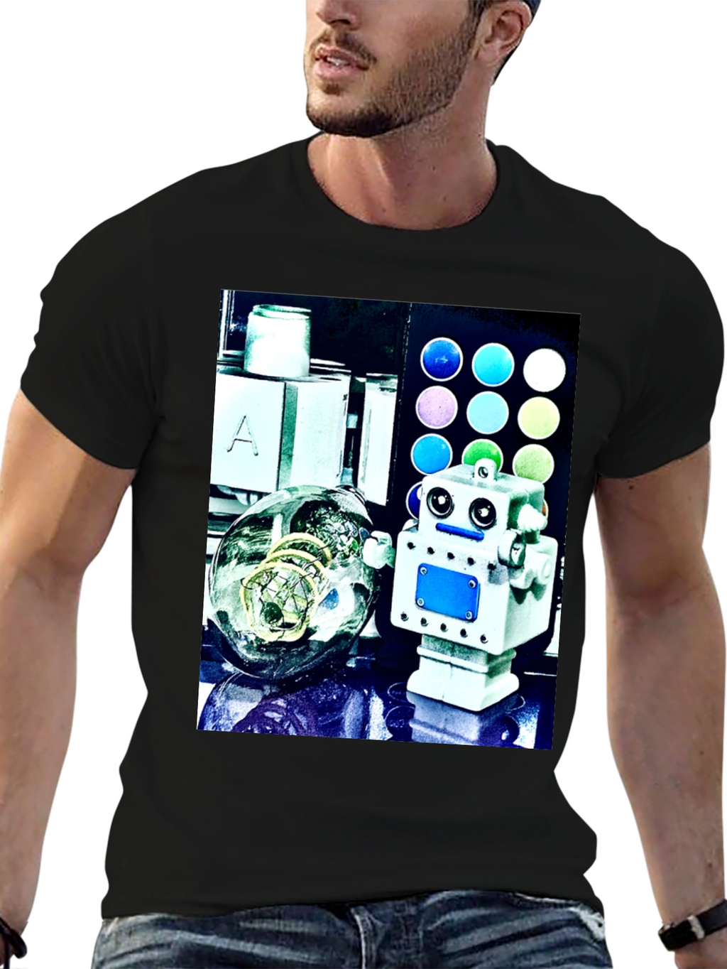 Robot & Bulb Print Black T-Shirt
