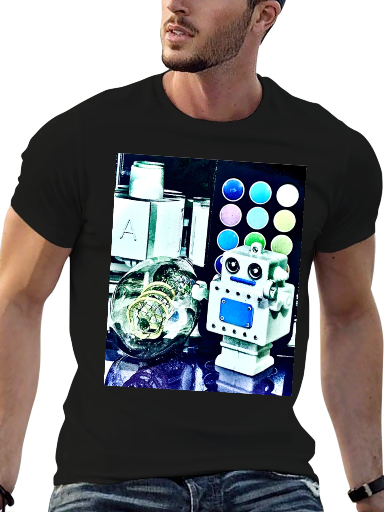 Robot & Bulb Print Black T-Shirt