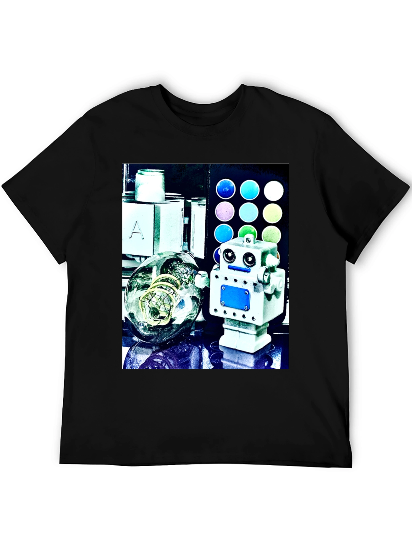 Robot & Bulb Print Black T-Shirt