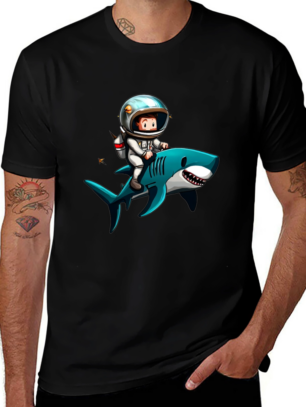 Astronaut Riding Shark Graphic T-Shirt
