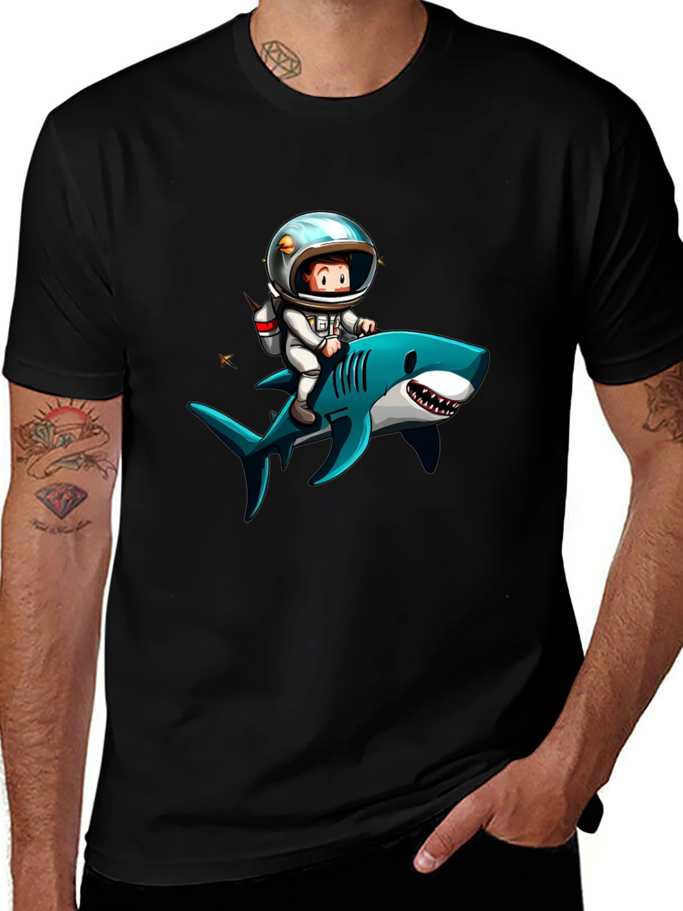 Astronaut Riding Shark Graphic T-Shirt