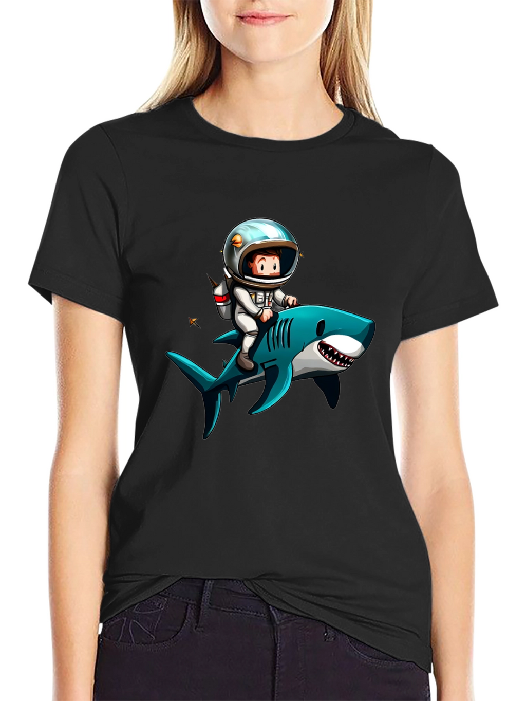 Astronaut Riding Shark Graphic T-Shirt