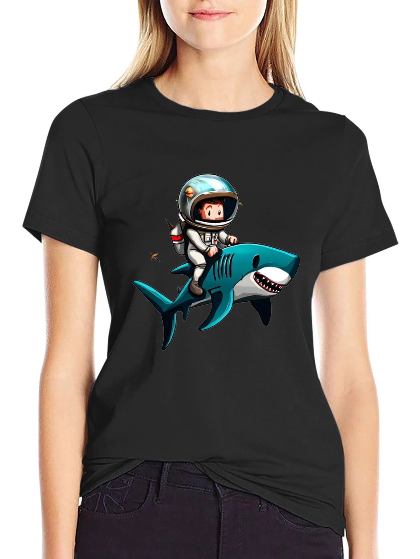 Astronaut Riding Shark Graphic T-Shirt