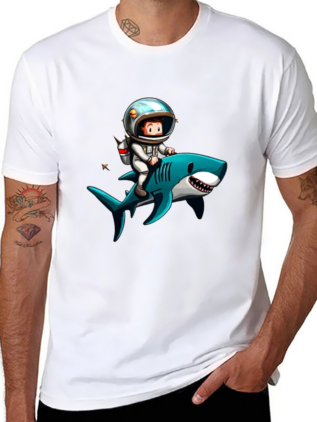 Astronaut Riding Shark Graphic T-Shirt