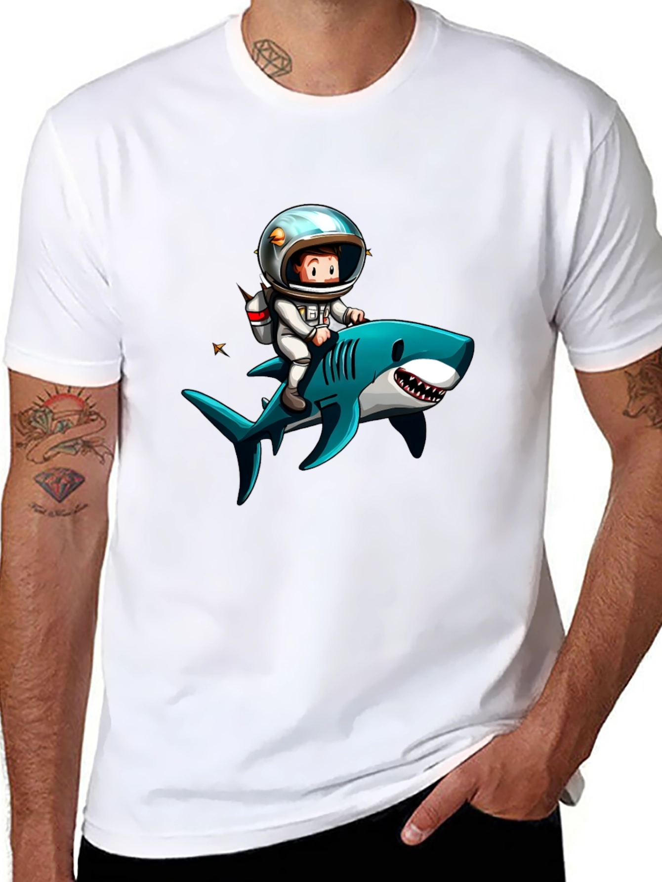 Astronaut Riding Shark Graphic T-Shirt