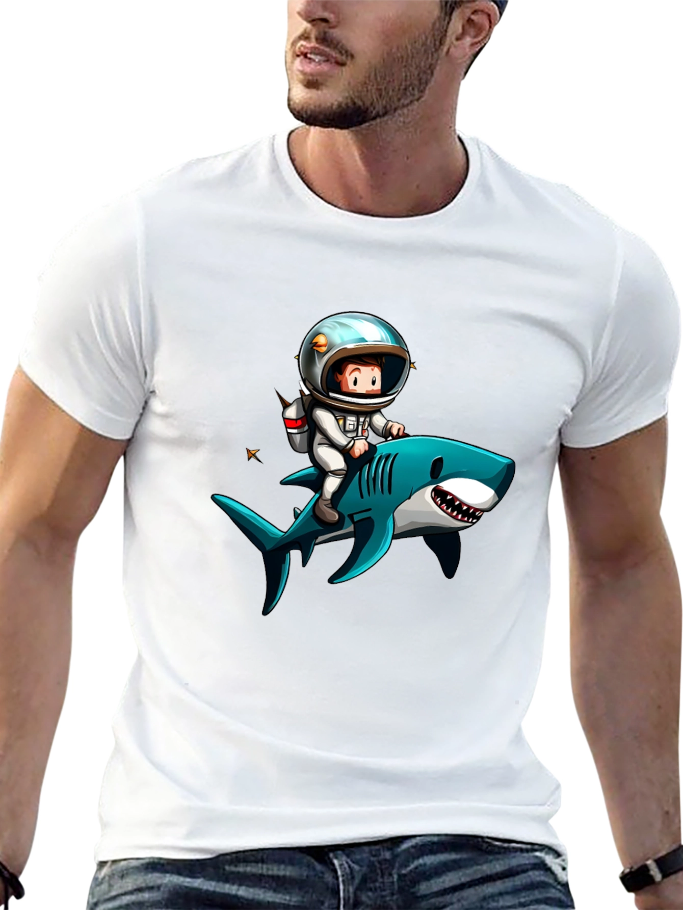 Astronaut Riding Shark Graphic T-Shirt