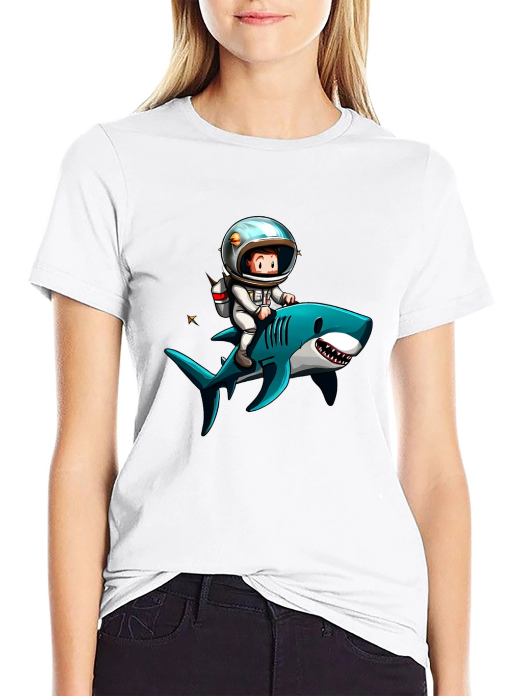 Astronaut Riding Shark Graphic T-Shirt