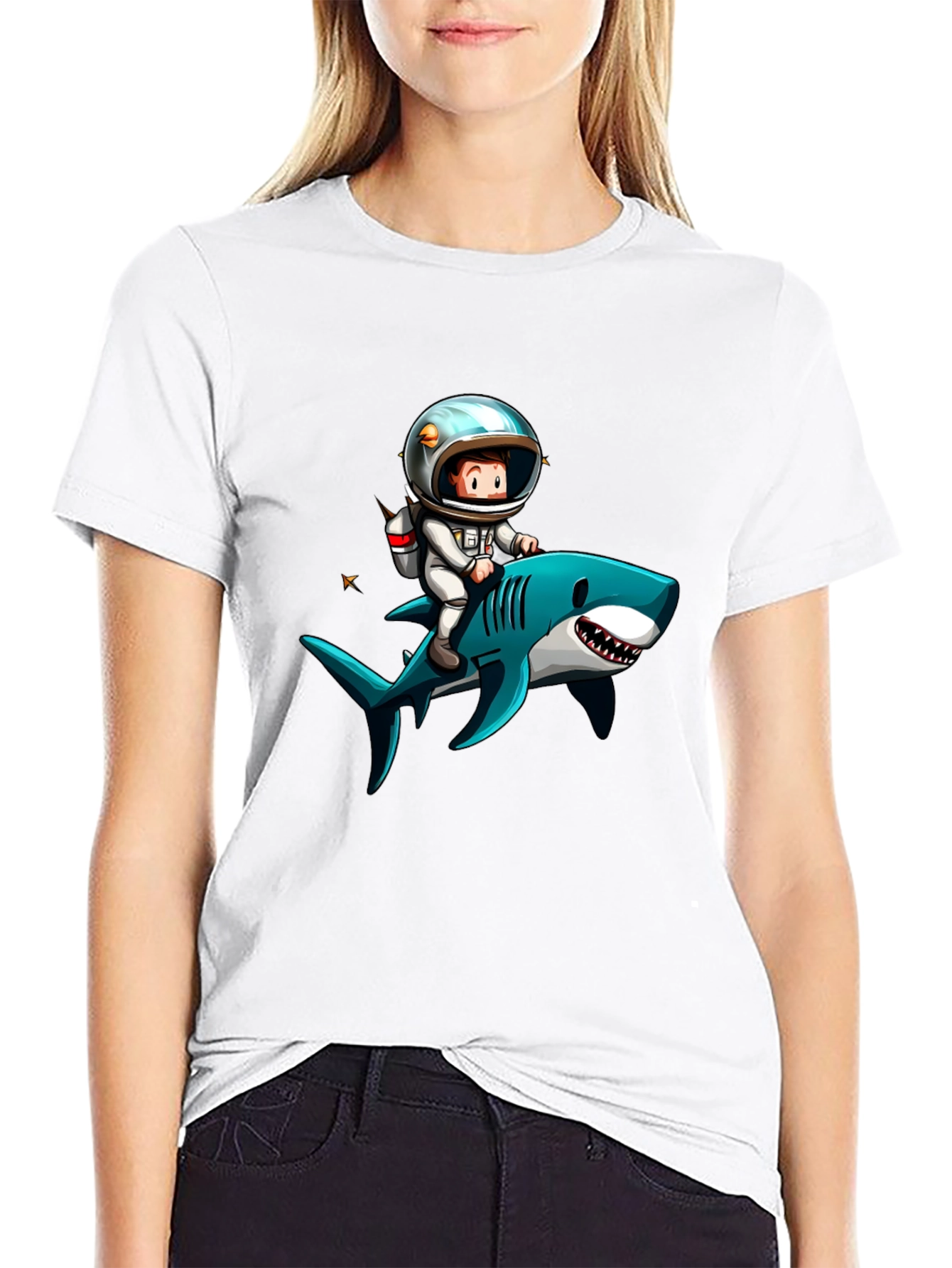 Astronaut Riding Shark Graphic T-Shirt
