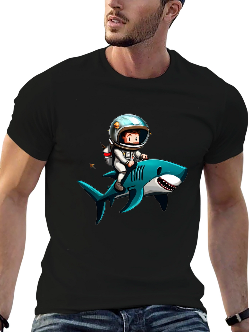 Astronaut Riding Shark Graphic T-Shirt